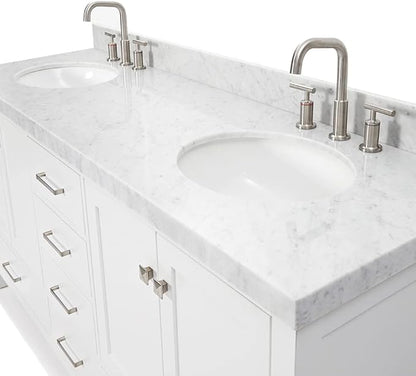 ARIEL Cambridge 72-inch Bathroom Vanity with Sink,Solid Wood, 2-inch Italian Carrara Marble Countertop & Backsplash, Double Oval Porcelain Sink, 4 Soft Closing Doors, 6 Dovetail Drawers, White