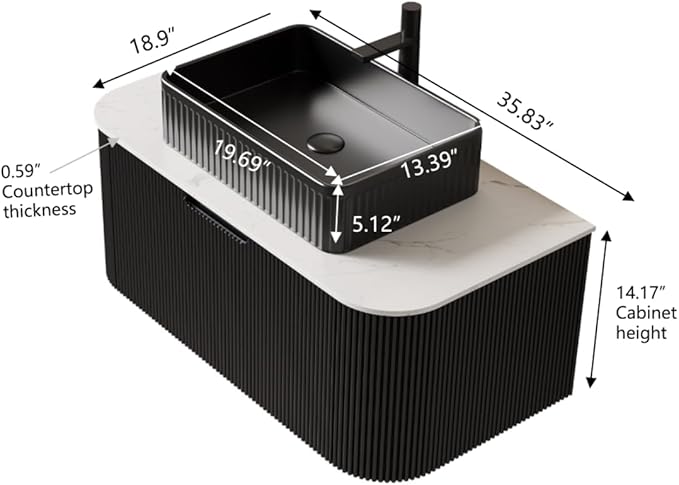 36'' Bathroom Vanities Cabinet with Sink, Wall Mounted Floating Cabinet W/Curved Edges Stripes, Oak Plywood, Soft-Close System with a Drawer, Black Rectangular Ceramic Basin - Kiel, Black/B