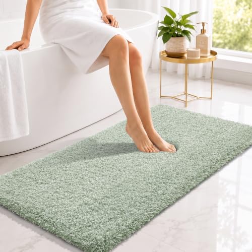 Yimobra Luxury Bathroom Rugs, Fluffy Bath Mats, Non Slip, Water Absorbent Microfiber, Machine Washable, Plush Runner Shower Rugs, Thick Matts for Bathroom Floor&Tub, 47" X 24", Light Green and White