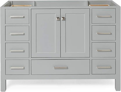ARIEL Cambridge 48-inch Bathroom Vanity Base Cabinet,Solid Wood, 2 Soft Closing Doors, 9 Dovetail Drawers, Grey