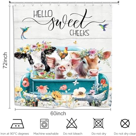 Funny Farmhouse Rustic Animal Shower Curtain 60Wx72L Inch Cow Pig Farm Teal Truck Flower Country Western Bathroom Set Accessories Decor with 12 Pack Hooks