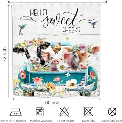 Funny Farmhouse Rustic Animal Shower Curtain 60Wx72L Inch Cow Pig Farm Teal Truck Flower Country Western Bathroom Set Accessories Decor with 12 Pack Hooks