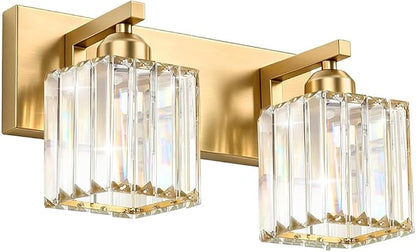 Gold Crystal Bathroom Vanity Light, 2-Light Modern Bathroom Lighting Fixtures Over Mirror,Chrome Wall Sconce Light Fixtures with Square Shade