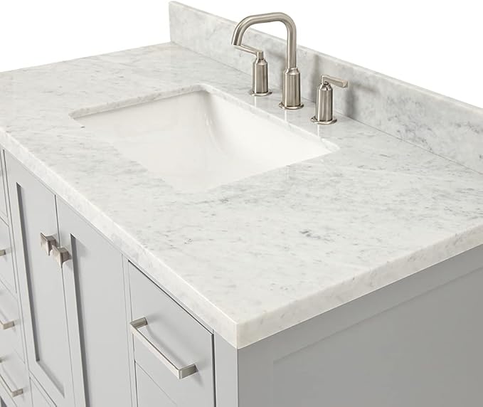 ARIEL Cambridge 42-inch Bathroom Vanity with Sink,Solid Wood, 1.5-inch Italian Carrara Marble Countertop, Single Rectangular Porcelain Sink, 2 Soft Closing Doors, 9 Dovetail Drawers, Grey