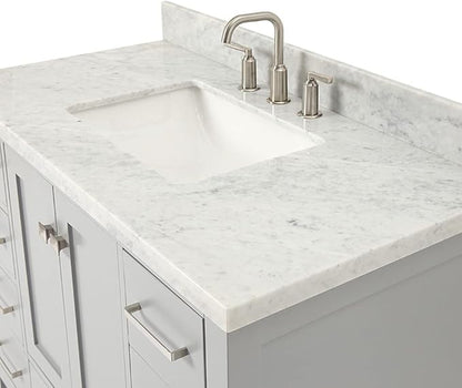 ARIEL Cambridge 42-inch Bathroom Vanity with Sink,Solid Wood, 1.5-inch Italian Carrara Marble Countertop, Single Rectangular Porcelain Sink, 2 Soft Closing Doors, 9 Dovetail Drawers, Grey