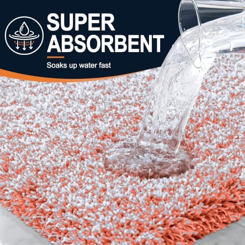 OLANLY Microfiber Bathroom Rugs 47x24, Quick Dry Bath Mat, Coral and White