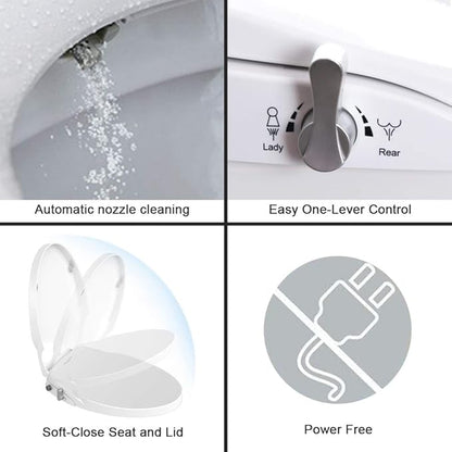 Toilet Seat Bidet Seat with Self Cleaning Dual Nozzles Non electric Separated Rear & Feminine Cleaning Natural Water Spray, soft close toilet seat,Easy DIY Installation