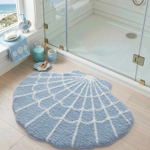DEXI Cute Seashell Bath Mat, Coastal Scallop Bathroom Rug, 31x24 Blue
