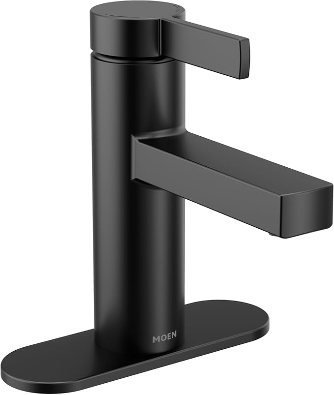 Moen Beric Matte Black Modern One-Handle Single Hole Bathroom Faucet with Drain Assembly and Optional Deckplate for Your Bath Sink, 84774BL