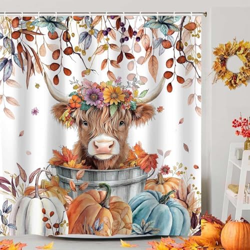 Fall Pumpkin Highland Cow Shower Curtain, Thanksgiving Autumn Farmhouse Animal Harvest Seasonal Decor Bathroom Curtains, Waterproof Fabric Polyester with Hooks, 72x72 Inch