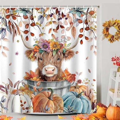 Fall Pumpkin Highland Cow Shower Curtain, Thanksgiving Autumn Farmhouse Animal Harvest Seasonal Decor Bathroom Curtains, Waterproof Fabric Polyester with Hooks, 72x72 Inch