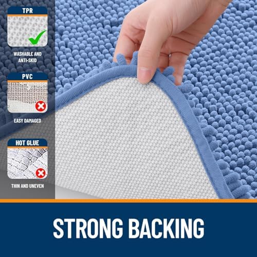 OLANLY Chenille Bathroom Rugs Set 2 Piece, 47"x20"+24"x20", Cornflower Blue