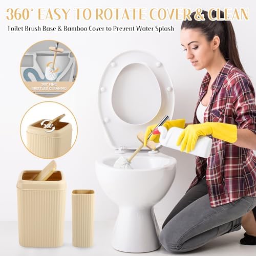 Bathroom Set 17PCS Beige Bathroom Accessories Set Bathroom Sets with Trash Can 3PCS Lotion Soap Dispenser, Toothbrush Holder,6PCS Wood Tags Bathroom Accessories for Kitchen Bathroom