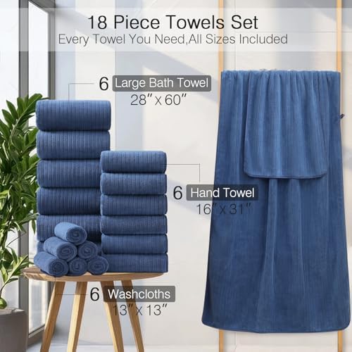 Hailea 18 Piece Family Bath Towel Set Include 6 Bath Towels,6 Hand Towels and 6 Washcloths Soft Bathroom Towel with Hanging Loops,Highly Absorbent Quick Dry Towels Set for Bathroom,Hotel and Spa-Navy