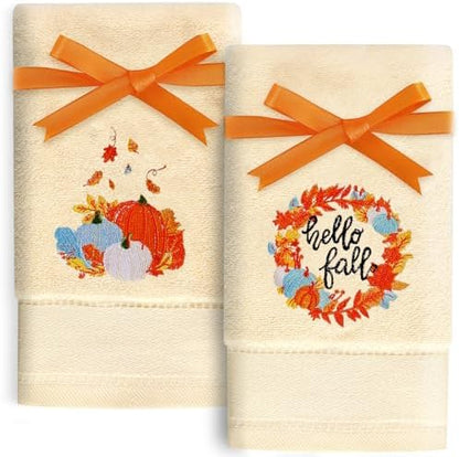 Quera 2 Pack Fall Hand Towels Autumn Blue Pumpkin Thanksgiving Embroidered Premium Luxury Decor Hello Fall Bathroom Decorative Dish Set for Drying Cleaning, Cooking 13.7 "x 29.5"