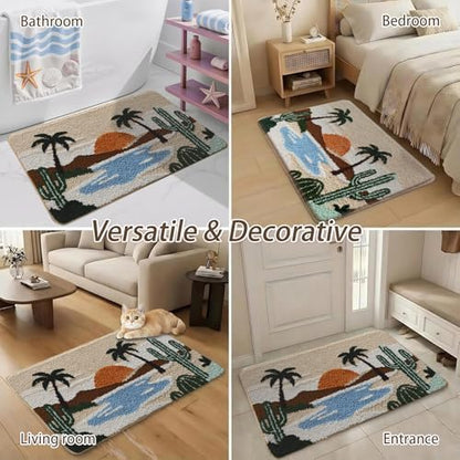 Bathroom Rug Mat, Desert Oasis Sunset Fluffy Rug with Cactus & Palm Tree, Ultra Absorbent Microfiber Shaggy Door Mat, Quick Dry Bath Rug Carpet for Toilet Bathtub Bedroom 20x31 Inch (Brown)