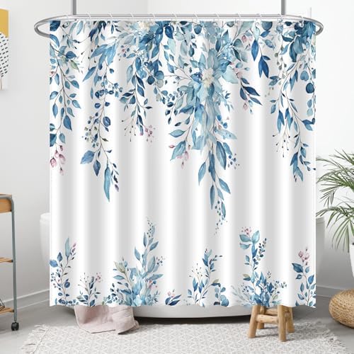 Eucalyptus Shower Curtain, Aesthetic Art Watercolor Plant Leaves with Floral Bathroom Decor, Waterproof Fabric Cloth Bath Curtain Set with Hooks (Blue, 72" W x 72" L)