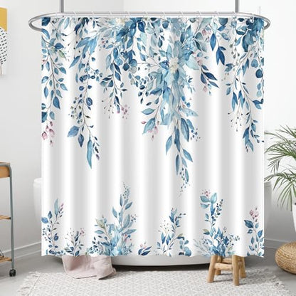 Eucalyptus Shower Curtain, Aesthetic Art Watercolor Plant Leaves with Floral Bathroom Decor, Waterproof Fabric Cloth Bath Curtain Set with Hooks (Blue, 72" W x 72" L)
