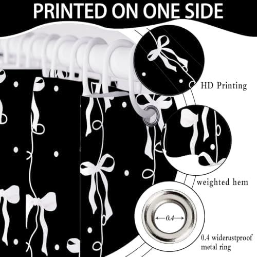 Black and White Bow Shower Curtain for Bathroom, Teen Girls Theme, 72x72In