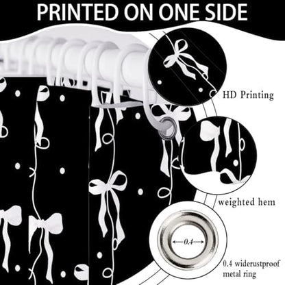 Black and White Bow Shower Curtain for Bathroom, Teen Girls Theme, 72x72In