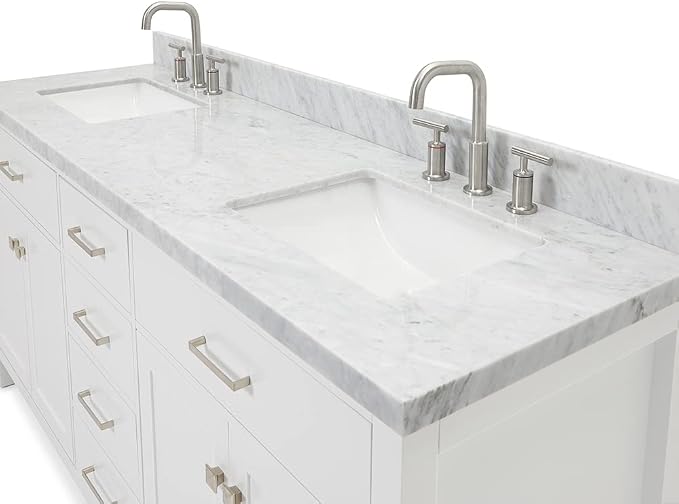 Alenza 72 Inch Bathroom Vanity Double Sink — White Bathroom Vanity with Sink, 1.5" Edge Italian Carrara Marble Countertop & Backsplash, 4 Soft-Close Doors, 4 Dovetail Drawers
