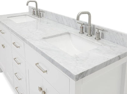 Alenza 72 Inch Bathroom Vanity Double Sink — White Bathroom Vanity with Sink, 1.5" Edge Italian Carrara Marble Countertop & Backsplash, 4 Soft-Close Doors, 4 Dovetail Drawers