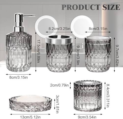 Bathroom Clear Glass Accessories Set, 5Pcs Bathroom Soap Dispenser Set, Glass Bathroom Accessories with Glass Soap Dispenser, Soap Dish, Toothbrush Holder, Tumbler, Cotton Swab Jar (Black & Clear)