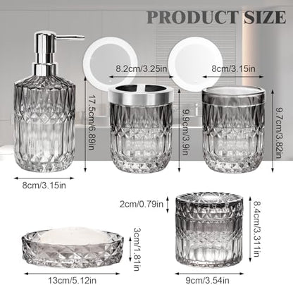 Bathroom Clear Glass Accessories Set, 5Pcs Bathroom Soap Dispenser Set, Glass Bathroom Accessories with Glass Soap Dispenser, Soap Dish, Toothbrush Holder, Tumbler, Cotton Swab Jar (Black & Clear)