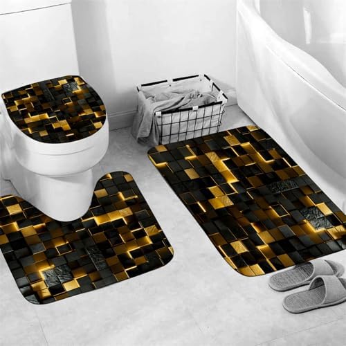 LQCOOL 4 Pcs Black Gold Shower Curtain Set with Rugs, 3D Cube Modern Bathroom Set, Black Gold Polyester Shower Curtains for Bathroom with 12 Hooks, Toilet Lid Cover & U-Shaped Mat