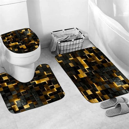 LQCOOL 4 Pcs Black Gold Shower Curtain Set with Rugs, 3D Cube Modern Bathroom Set, Black Gold Polyester Shower Curtains for Bathroom with 12 Hooks, Toilet Lid Cover & U-Shaped Mat