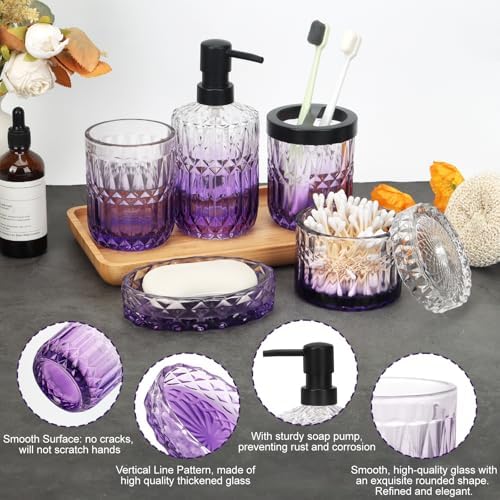 Bathroom Accessories Set, 5Pcs Bathroom Soap Dispenser Set, Glass Bathroom Accessories with Glass Soap Dispenser, Soap Dish, Toothbrush Holder, Tumbler, Cotton Swab Jar (Clear & Purple)
