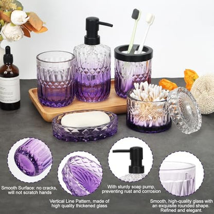 Bathroom Accessories Set, 5Pcs Bathroom Soap Dispenser Set, Glass Bathroom Accessories with Glass Soap Dispenser, Soap Dish, Toothbrush Holder, Tumbler, Cotton Swab Jar (Clear & Purple)