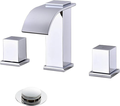 Luxury Brass Widespread Waterfall Bathroom Sink Faucets for 3 Hole 2-Handle 8 Inch Deck Vanity Faucet & Stainless Steel Pop-up Drain Assembly, Chrome
