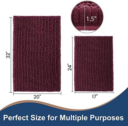 Luxury Chenille Burgundy Bathroom Rugs Sets 2 Piece, Thickened Hot Melt Rubber Bottom Bath Mats for Bathroom Non Slip,Bath Rugs Quick Dry Machine Washable for Shower Mat (32"x20"+17"x24")