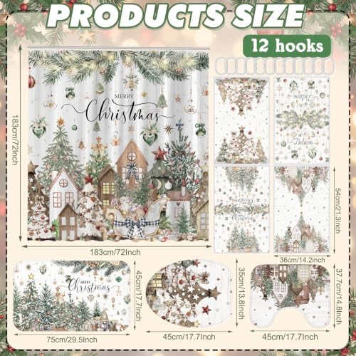 FuWeave 8Pcs Christmas Shower Curtain Set Farmhouse Rustic Bathroom Decor