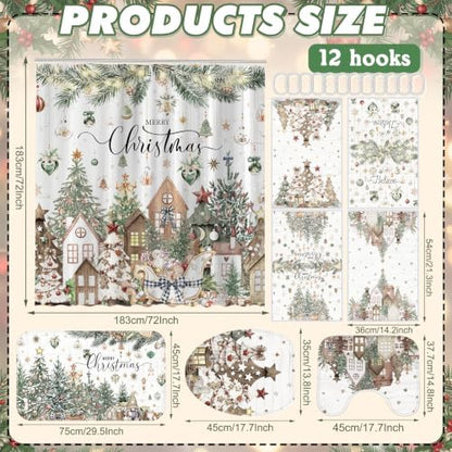 FuWeave 8Pcs Christmas Shower Curtain Set Farmhouse Rustic Bathroom Decor