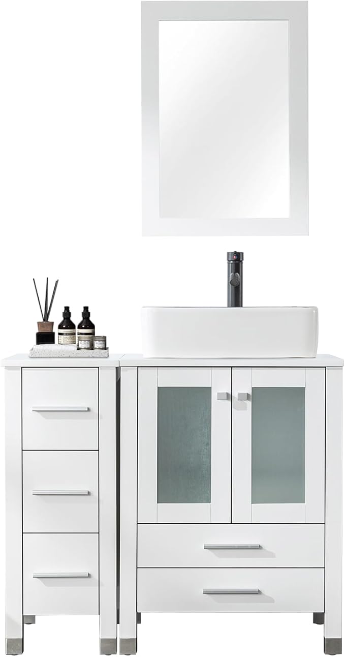 LUCKWIND 36" Bathroom Vanity with Sink Combo, 24-inch Main Cabinet with 12.6-inch Side Cabinet, Painted Storage Cabinet with 5 Drawers, Including Black Line Rectangle Sink Without Mirror, White