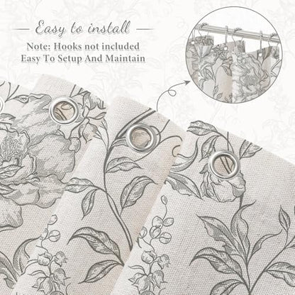 Grey Boho Linen Fabric Shower Curtain , Farmhouse Floral For Bathroom