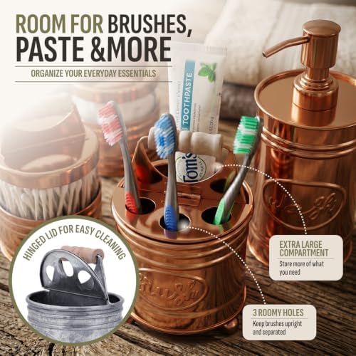 Autumn Alley Western Bathroom Accessories Set 4 - Copper Farmhouse Soap Dispenser, Toothbrush Holder, 2 Apothecary Jars Qtip Holder - Rustic Bathroom Decor – Rustic Bathroom Accessories