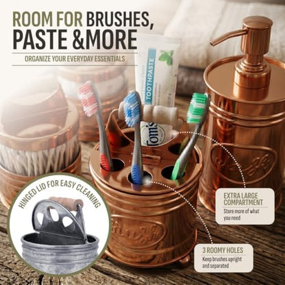 Autumn Alley Western Bathroom Accessories Set 4 - Copper Farmhouse Soap Dispenser, Toothbrush Holder, 2 Apothecary Jars Qtip Holder - Rustic Bathroom Decor – Rustic Bathroom Accessories