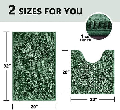 BOANKODU Bathroom Set - 2 Piece Soft Chenille Bath Rugs, Non-Slip, 32x20 + 20x20 Inch U Shape, Machine Washable (Dark Green)