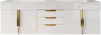 KunMai 59" White Floating Bathroom Vanity with Faux Marble Top, Double Ceramic Vessel Sinks, Wall-Mounted Design, 3 Drawers for Storage, Modern Bathroom Cabinet with Gold Hardware Finish
