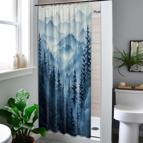 Navy Blue Forest Stall Shower Curtain, 48X72 in Narrow Small, Mountain