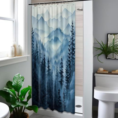Navy Blue Forest Stall Shower Curtain, 48X72 in Narrow Small, Mountain
