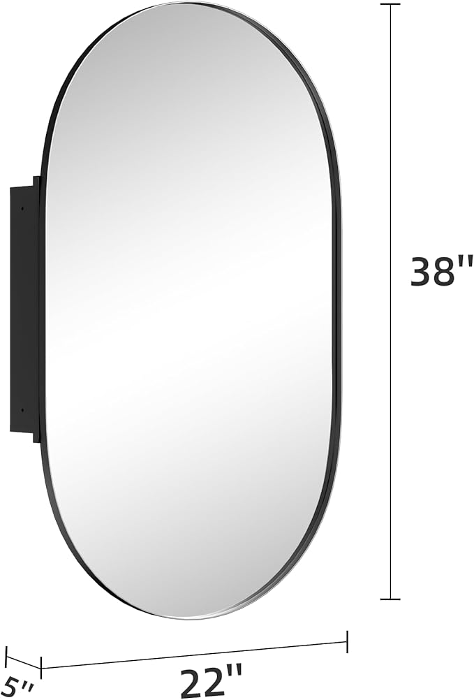 Casaphoria 38" H x 22" W Ellipse Wall Medicine Cabinets Mirrors, Bathroom Medicine Cabinet with Mirror, Metal Frame Wall Mirror Cabinet, Black I