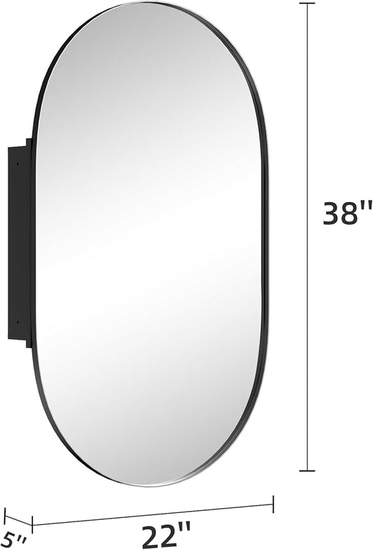 Casaphoria 38" H x 22" W Ellipse Wall Medicine Cabinets Mirrors, Bathroom Medicine Cabinet with Mirror, Metal Frame Wall Mirror Cabinet, Black I
