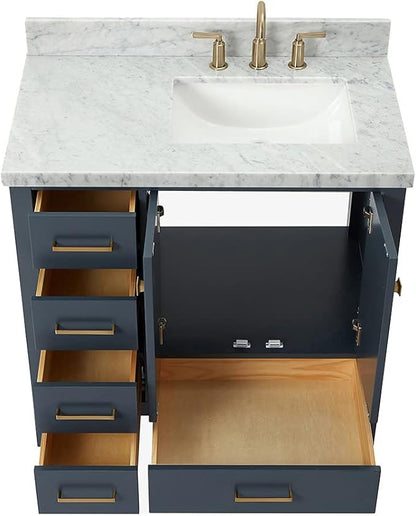ARIEL Cambridge 36-inch Bathroom Vanity with Sink,Solid Wood, 1.5-inch Italian Carrara Marble Countertop, Single Rectangular Porcelain Sink, 2 Soft Closing Doors, 5 Dovetail Drawers, Midnight Blue