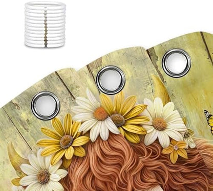 Cute Cow Shower Curtain, Farmhouse Rustic Yellow Floral Daisy Highland Cow Shower Curtains for Bathroom, Calf Country Farm Animal Garden Plant Fabric Bathroom Decor with Hooks, 70x72 inch
