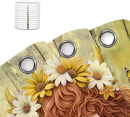 Cute Cow Shower Curtain, Farmhouse Rustic Yellow Floral Daisy Highland Cow Shower Curtains for Bathroom, Calf Country Farm Animal Garden Plant Fabric Bathroom Decor with Hooks, 36x72 inch