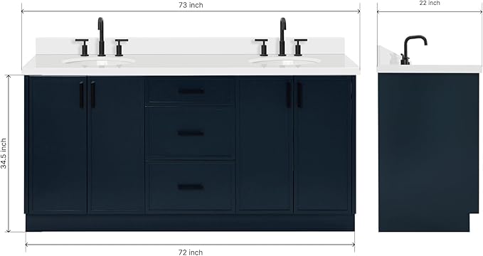 ARIEL Kelly 72-inch Bathroom Vanity with Sink,Solid Wood, 1.5-inch Pure White Quartz Countertop & Backsplash, Double Oval Porcelain Sink, 4 Soft Closing Doors, 5 Dovetail Drawers, Midnight Blue